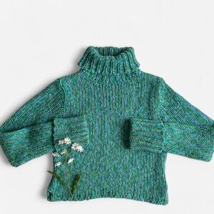 Vintage cropped chunky blue green turtleneck sweater